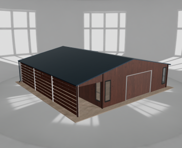 Plechová garáž 7,5x9,5 m, so skladom a prístreškom, drevodekor – Model 2