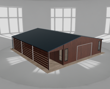 Plechová garáž 7,5x10 m, so skladom a prístreškom, drevodekor – Model 2