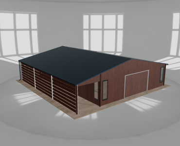 Plechová garáž 8x10 m, so skladom a prístreškom, drevodekor – Model 2