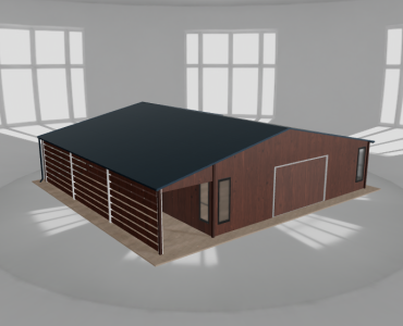Plechová garáž 8,5x9,5 m, so skladom a prístreškom, drevodekor – Model 2