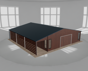 Plechová garáž 8,5x10 m, so skladom a prístreškom, drevodekor – Model 2