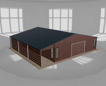 Plechová garáž 9x9,5 m, so skladom a prístreškom, drevodekor – Model 2