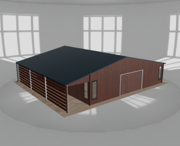 Plechová garáž 9,5x9,5 m, so skladom a prístreškom, drevodekor – Model 2