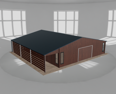 Plechová garáž 9,5x10 m, so skladom a prístreškom, drevodekor – Model 2