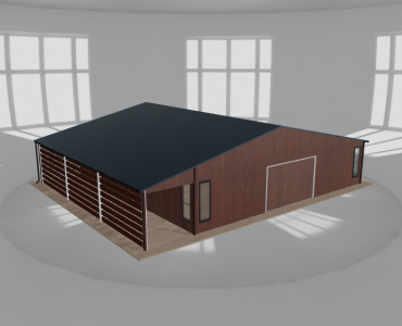Plechová garáž 10x9,5 m, so skladom a prístreškom, drevodekor – Model 2