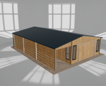 Plechová garáž 5x9,5 m, so skladom a prístreškom, drevodekor – Model 2