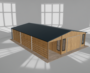 Plechová garáž 5x10 m, so skladom a prístreškom, drevodekor – Model 2