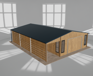 Plechová garáž 5,5x9,5 m, so skladom a prístreškom, drevodekor – Model 2
