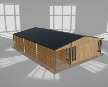 Plechová garáž 5,5x10 m, so skladom a prístreškom, drevodekor – Model 2