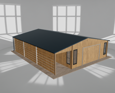 Plechová garáž 6x9,5 m, so skladom a prístreškom, drevodekor – Model 2