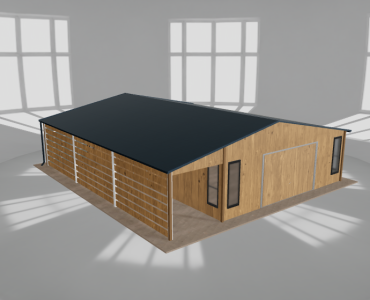 Plechová garáž 6,5x9,5 m, so skladom a prístreškom, drevodekor – Model 2