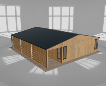 Plechová garáž 7x9,5 m, so skladom a prístreškom, drevodekor – Model 2