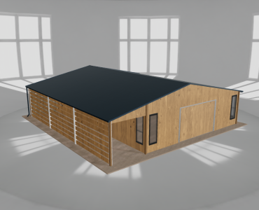 Plechová garáž 7,5x9,5 m, so skladom a prístreškom, drevodekor – Model 2