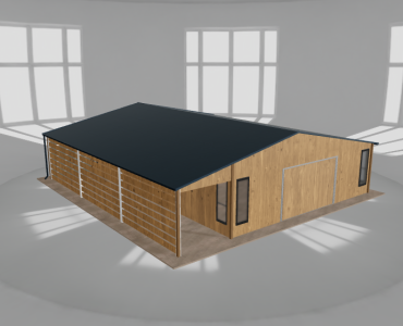 Plechová garáž 7,5x10 m, so skladom a prístreškom, drevodekor – Model 2