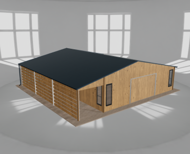 Plechová garáž 8x9,5 m, so skladom a prístreškom, drevodekor – Model 2