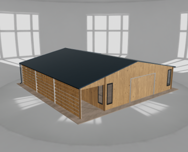Plechová garáž 8x10 m, so skladom a prístreškom, drevodekor – Model 2