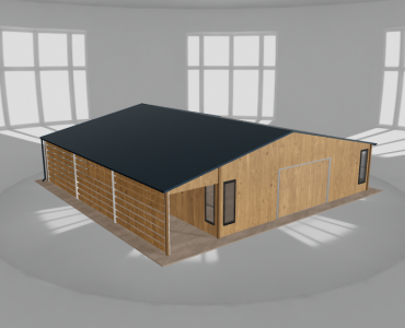 Plechová garáž 8,5x10 m, so skladom a prístreškom, drevodekor – Model 2