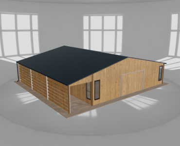 Plechová garáž 9x9,5 m, so skladom a prístreškom, drevodekor – Model 2