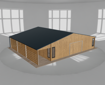 Plechová garáž 10x9,5 m, so skladom a prístreškom, drevodekor – Model 2