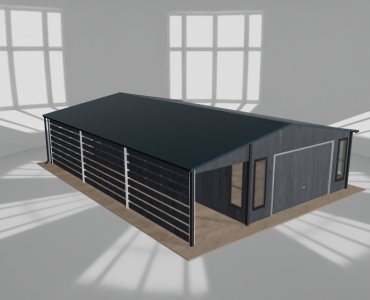 Plechová garáž 5x9,5 m, so skladom a prístreškom, grafit drevodekor – Model 2