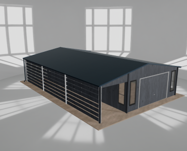 Plechová garáž 5x10 m, so skladom a prístreškom, grafit drevodekor – Model 2