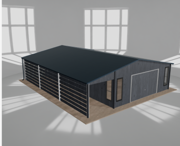 Plechová garáž 6x9,5 m, so skladom a prístreškom, grafit drevodekor – Model 2