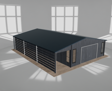 Plechová garáž 6x10 m, so skladom a prístreškom, grafit drevodekor – Model 2
