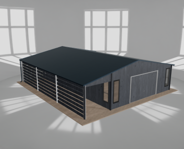 Plechová garáž 6,5x9,5 m, so skladom a prístreškom, grafit drevodekor – Model 2
