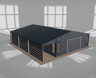 Plechová garáž 7x9,5 m, so skladom a prístreškom, grafit drevodekor – Model 2