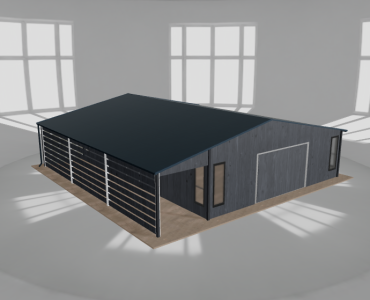 Plechová garáž 7,5x9,5 m, so skladom a prístreškom, grafit drevodekor – Model 2
