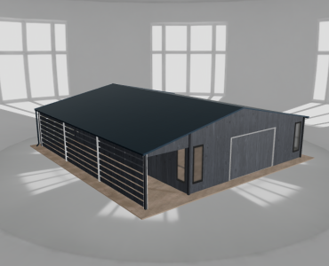Plechová garáž 7,5x10 m, so skladom a prístreškom, grafit drevodekor – Model 2