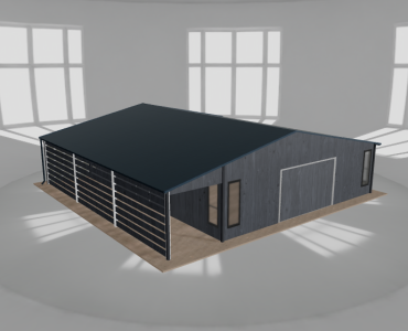 Plechová garáž 8x9,5 m, so skladom a prístreškom, grafit drevodekor – Model 2