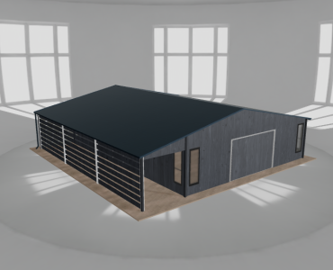 Plechová garáž 8x10 m, so skladom a prístreškom, grafit drevodekor – Model 2