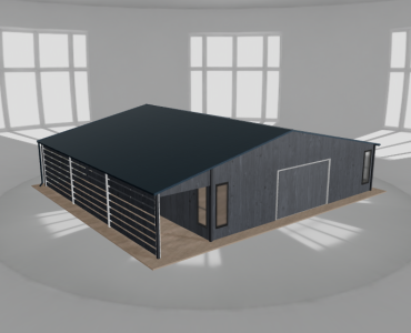 Plechová garáž 9x9,5 m, so skladom a prístreškom, grafit drevodekor – Model 2