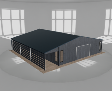 Plechová garáž 9x10 m, so skladom a prístreškom, grafit drevodekor – Model 2