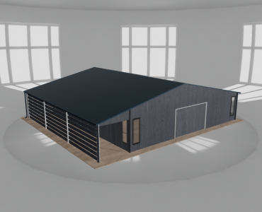 Plechová garáž 10x10 m, so skladom a prístreškom, grafit drevodekor – Model 2
