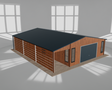 Plechová garáž 6x9,5 m, s prístreškom, drevodekor