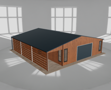 Plechová garáž 7,5x9,5 m, s prístreškom, drevodekor