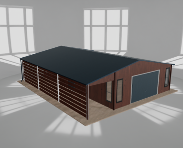 Plechová garáž 6x9,5 m, s prístreškom, drevodekor