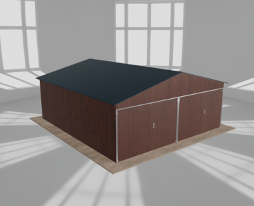 Plechová garáž 6x6,5 m, pre dve autá, sedlová strecha, drevodekor – Model 2