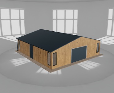 Plechová garáž 9x9,5 m, so skladom, drevodekor – Model 2