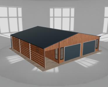 Plechová garáž 8x9,5 m, s prístreškom, drevodekor – Model 2