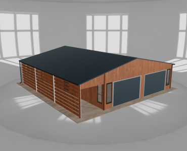 Plechová garáž 8x10 m, s prístreškom, drevodekor – Model 2