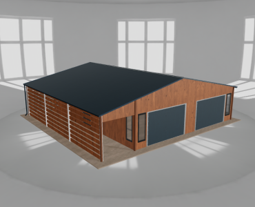 Plechová garáž 8,5x9,5 m, s prístreškom, drevodekor – Model 2