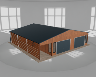Plechová garáž 8,5x10 m, s prístreškom, drevodekor – Model 2