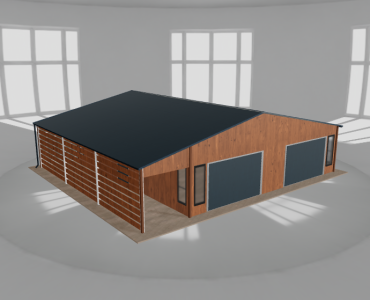 Plechová garáž 9x9,5 m, s prístreškom, drevodekor – Model 2
