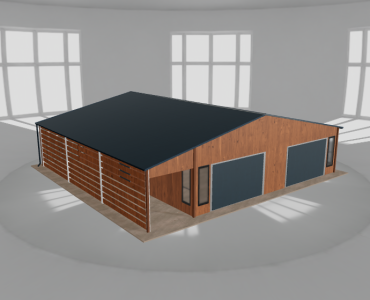 Plechová garáž 9x10 m, s prístreškom, drevodekor – Model 2