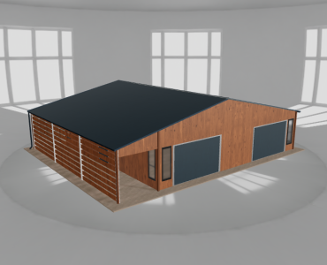 Plechová garáž 10x9,5 m, s prístreškom, drevodekor – Model 2