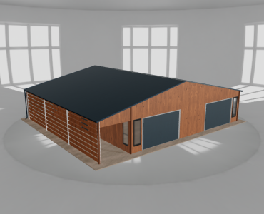 Plechová garáž 10x10 m, s prístreškom, drevodekor – Model 2