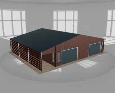 Plechová garáž 10x9,5 m, s prístreškom, drevodekor